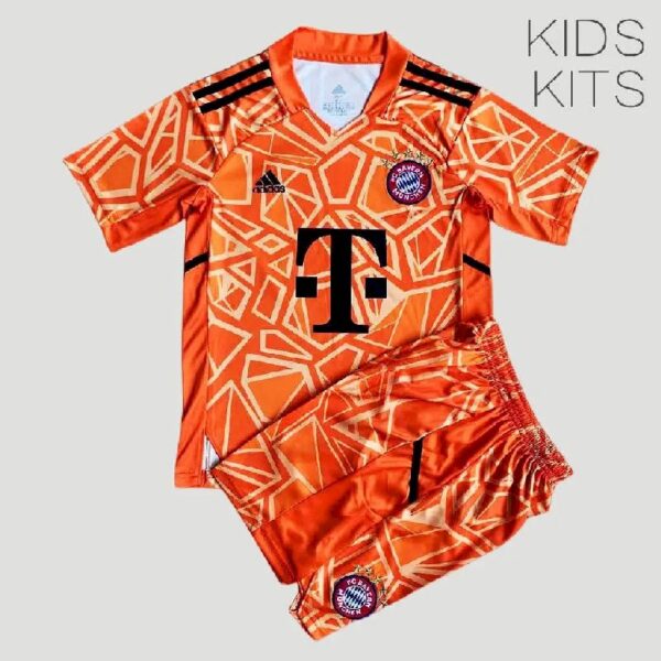 Bayern Munich 202223 Goalkeeper Kids Jersey And Shorts Kit Orange 36335