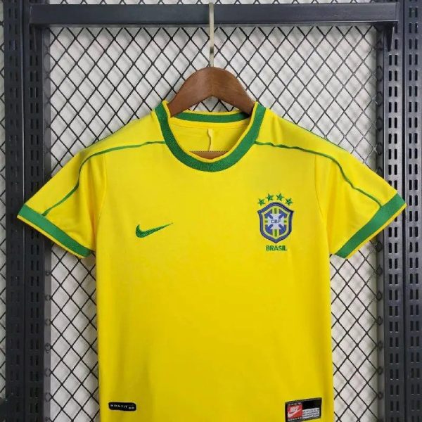 Brazil 1998 Home Kids Retro Jersey And Shorts - Image 2